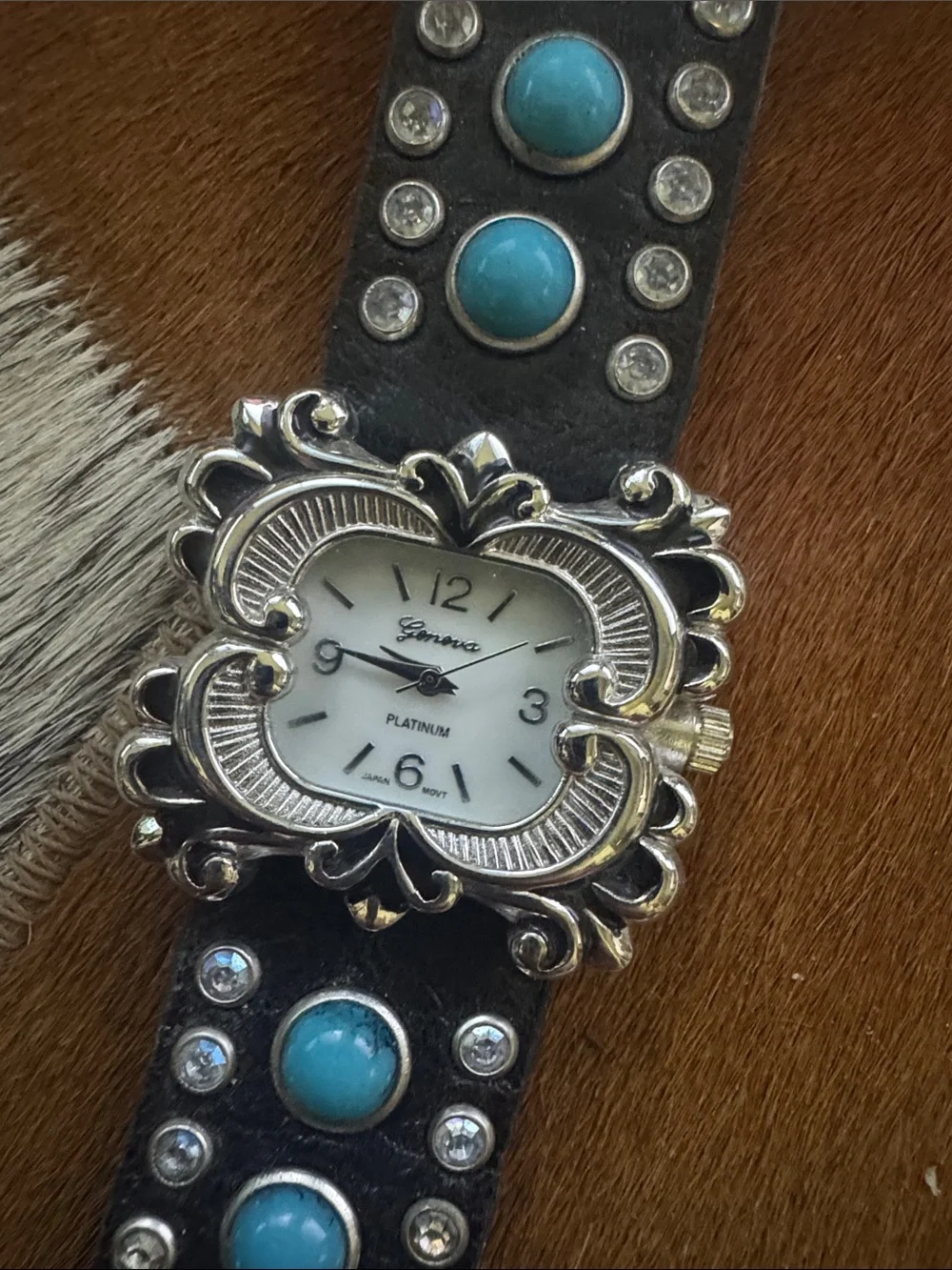 Turquoise Accent Black Western-Style Leather Watch Bracelet